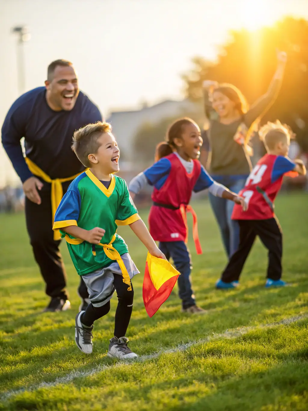 A vibrant image of young children participating in a football training session at FCBSA, focusing on teamwork and basic skills, set against the backdrop of the club's training field.