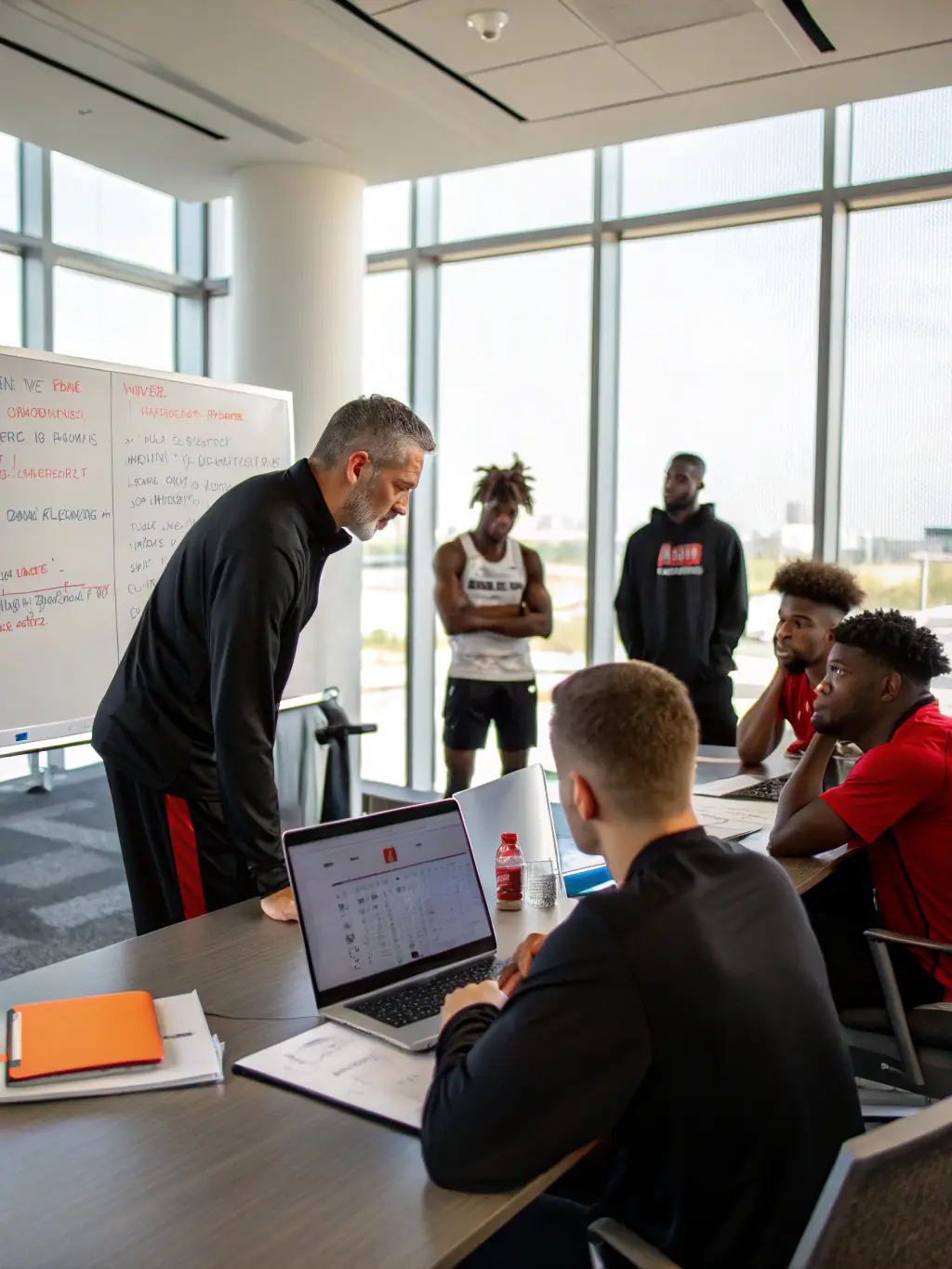 Image of FCBSA coaches leading a strategic planning session with senior players, emphasizing tactical awareness and game strategy.