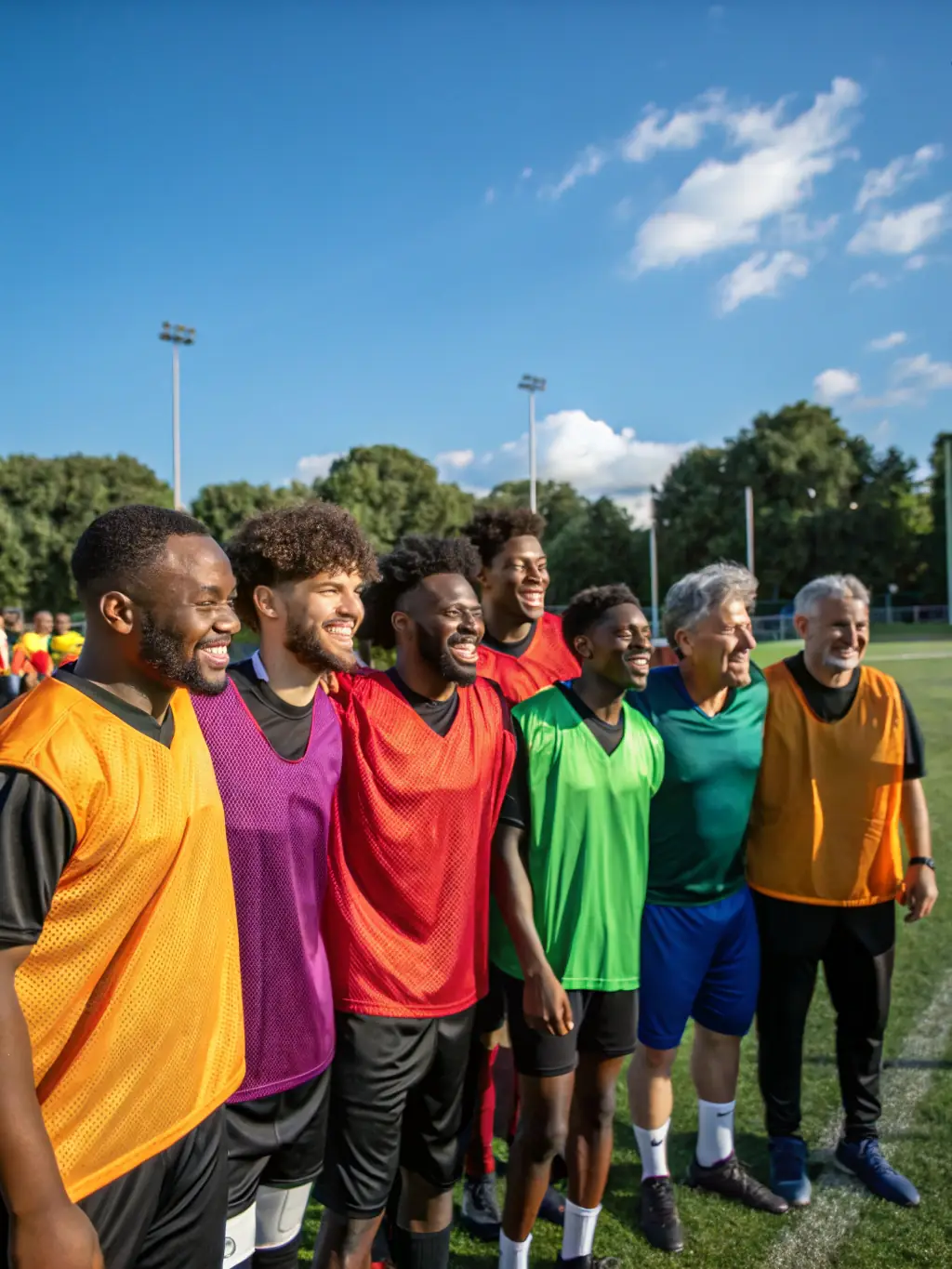 A group photo of adult players from FCBSA's recreational league, smiling and celebrating their shared passion for football after a friendly match on a sunny day.