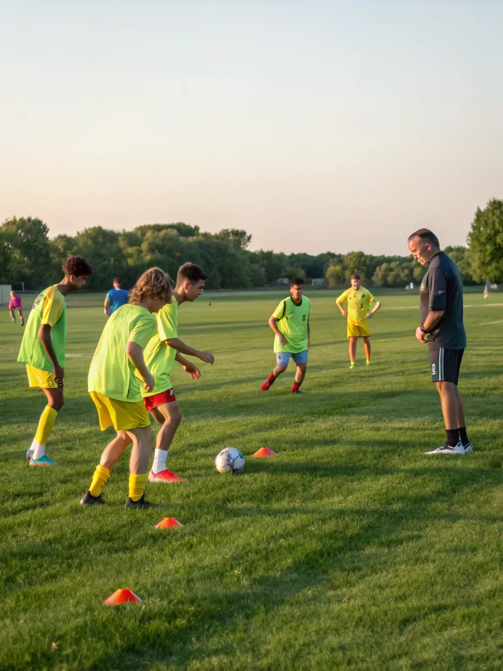 Action shot of young FCBSA players participating in a training drill on a sunny field, showcasing their agility and teamwork.