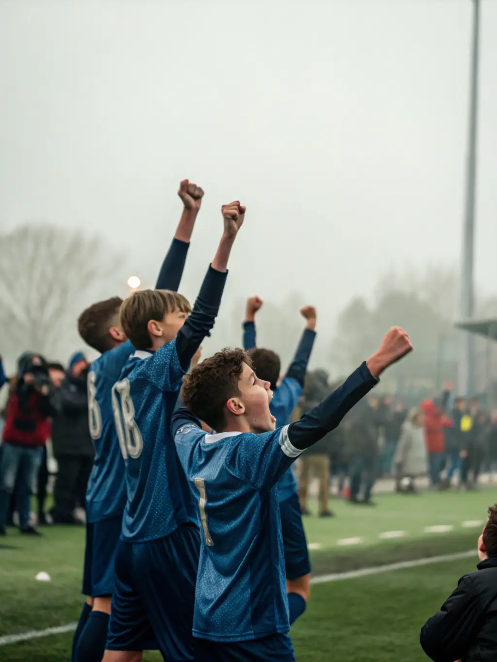 Image of FCBSA players celebrating a victory after a match, highlighting the excitement and rewards of competitive football.