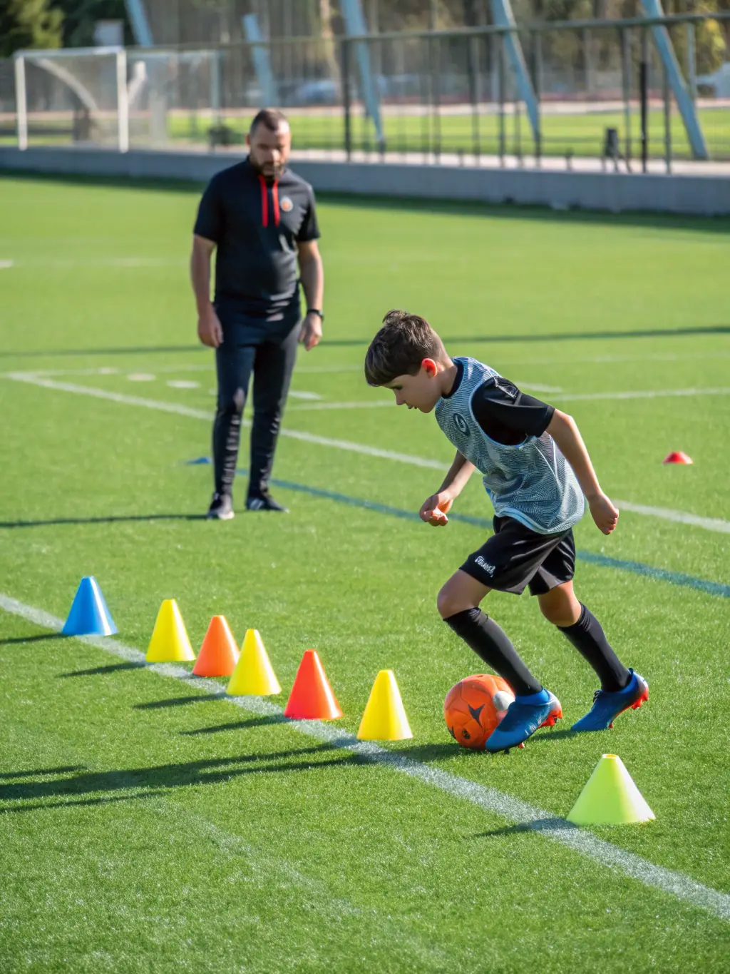 A focused image of a coach providing personalized training to a young player at FCBSA, emphasizing individual skill development and tactical understanding during a practice drill.