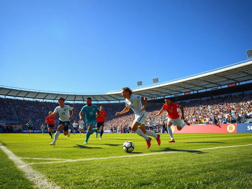 An action shot of adult players competing in a friendly football match at FCBSA, showcasing the competitive spirit and camaraderie.