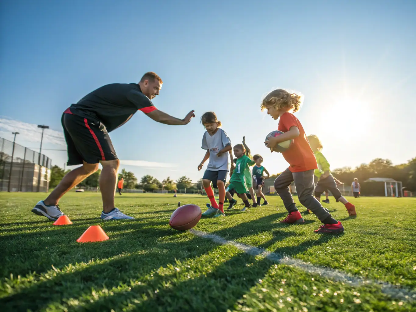 A vibrant image showing young children participating in a football training session at FCBSA, focusing on teamwork and skill development.